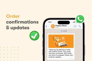 A smartphone screen shows an order confirmation message from "Fashion Divas" via WhatsApp. Icons indicate successful order and updates.
