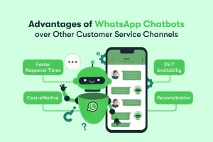 Illustration showing a green WhatsApp chatbot next to a phone. Text highlights advantages: faster response times, cost-effectiveness, 24/7 availability, and personalization.