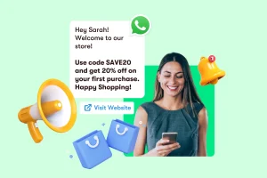 Woman smiling at phone with a message about a 20% discount code for shopping. Icons of a megaphone, shopping bags, and a bell are also visible.