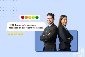 Employees standing together with a text message bubble next to them asking for feedback on a workshop, illustrating the use of WhatsApp for real-time feedback on projects, events, and internal policies.