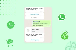 Smartphone screen showing a chat with promotional messages and special offers on WhatsApp. Shopping cart, box, and percentage icons are visible.