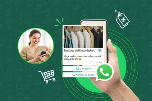 A hand holding a smartphone displaying a clothing collection discount advertisement on WhatsApp. A happy woman is seen using her phone in a circular inset on the left. Shopping icons are in the background.