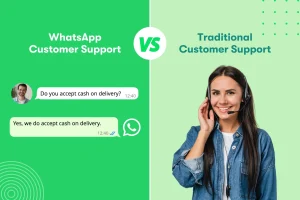Split image comparing WhatsApp Customer Support with a chat on the left and Traditional Customer Support with a woman in a headset on the right.