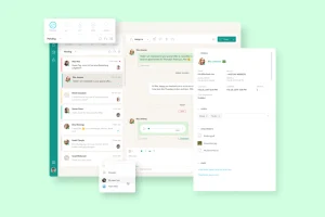 WhatsApp interface with a team inbox, chat window, task list, and user profile details displayed on a light green background.