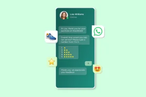 A customer rates a service 5 stars in a WhatsApp chat conversation. Emojis of a shoe, WhatsApp logo, star, and heart eyes are present.