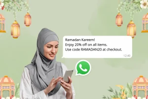Woman in a hijab using a smartphone with a WhatsApp message: "Ramadan Kareem! Enjoy 20% off on all items. Use code RAMADAN20 at checkout." Lanterns in the background.
