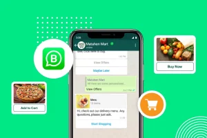 A smartphone displays a WhatsApp chat with a store menu. Surrounding icons show a pizza, an “Add to Cart” button, a shopping cart, a “Buy Now” button, and a basket of produce, all on a green background