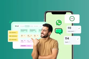 A man smiles and points to digital graphics displaying WhatsApp metrics, messaging app icons, statistics, and delivery statuses on a green gradient background. 