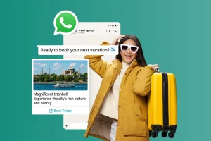 A woman in a yellow coat and sunglasses stands with a suitcase in front of a WhatsApp chat showing a travel agency offering Istanbul vacations.