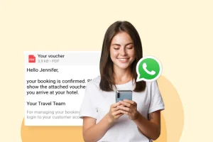 A woman smiles while using her smartphone; a WhatsApp icon and a hotel booking confirmation message are shown beside her.