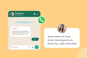 A WhatsApp chat offering a dress discount is shown next to a contact card for Riham Al-Anesi, displaying her email and phone number on a peach background.