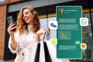A woman holds shopping bags and smiles at her phone while a customer service chat asks her to rate her purchase experience from 1 to 5.
