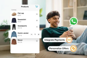 A man sits on a couch using his phone next to a digital shopping catalog showing clothing items and options for integrating payments and personalizing offers.