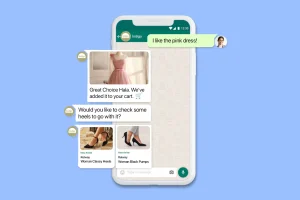 A smartphone screen shows a chat where a pink dress is added to a cart, and suggestions for heels appear beneath the conversation.
