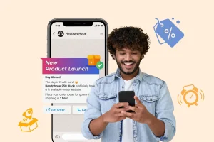 A man smiles at his phone, displaying a "New Product Launch" notification for headphones. Icons of a percentage sign, alarm clock, and box surround him. 