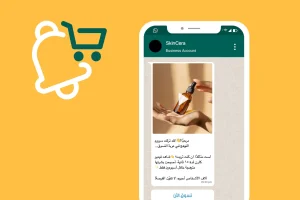 A smartphone screen displays a WhatsApp message from a skincare business promoting a glow serum, with a hand holding a dropper bottle shown in the message. Shopping icons are on a yellow background.