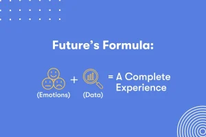 Future's Formula: (Emotions) + (Data) = A Complete Experience." Features yellow icons of smiley faces and data analysis.