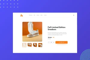 A product page displays fall limited edition sneakers with images, a description, price of 35 KD with a 15% discount, and an orange "Add to cart" button on a clean white background.